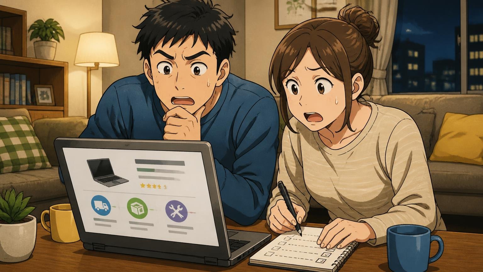 購入前に確認したい送料・返品・修理の申し込み方、夜のリビングでノートPCの購入画面を見ながらメモをとる夫婦2人