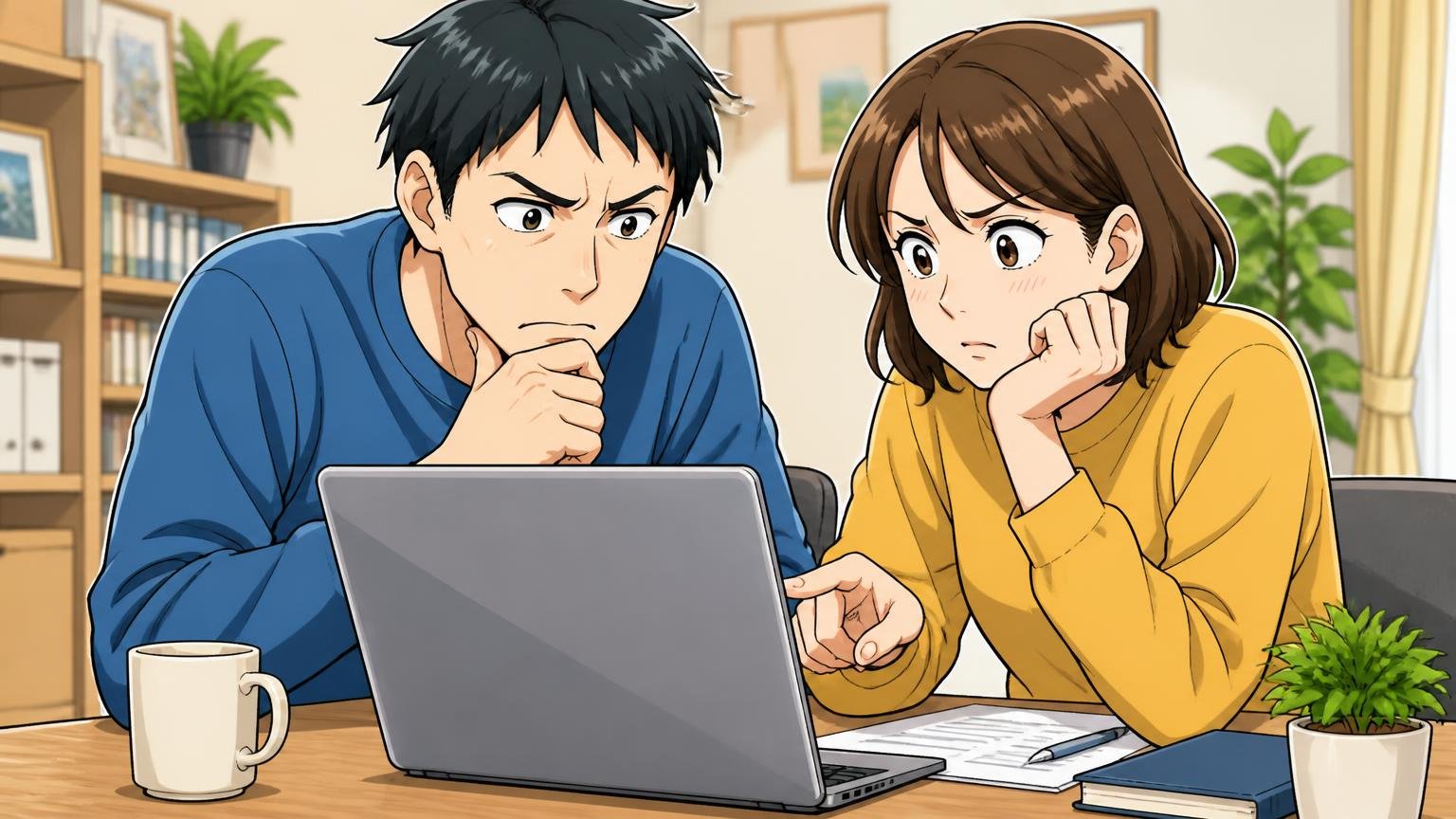 STEP3:修理・保証・返品の条件を、買う前に確認する 自宅のデスクでパソコンの保証ページを真剣に読む夫婦2人