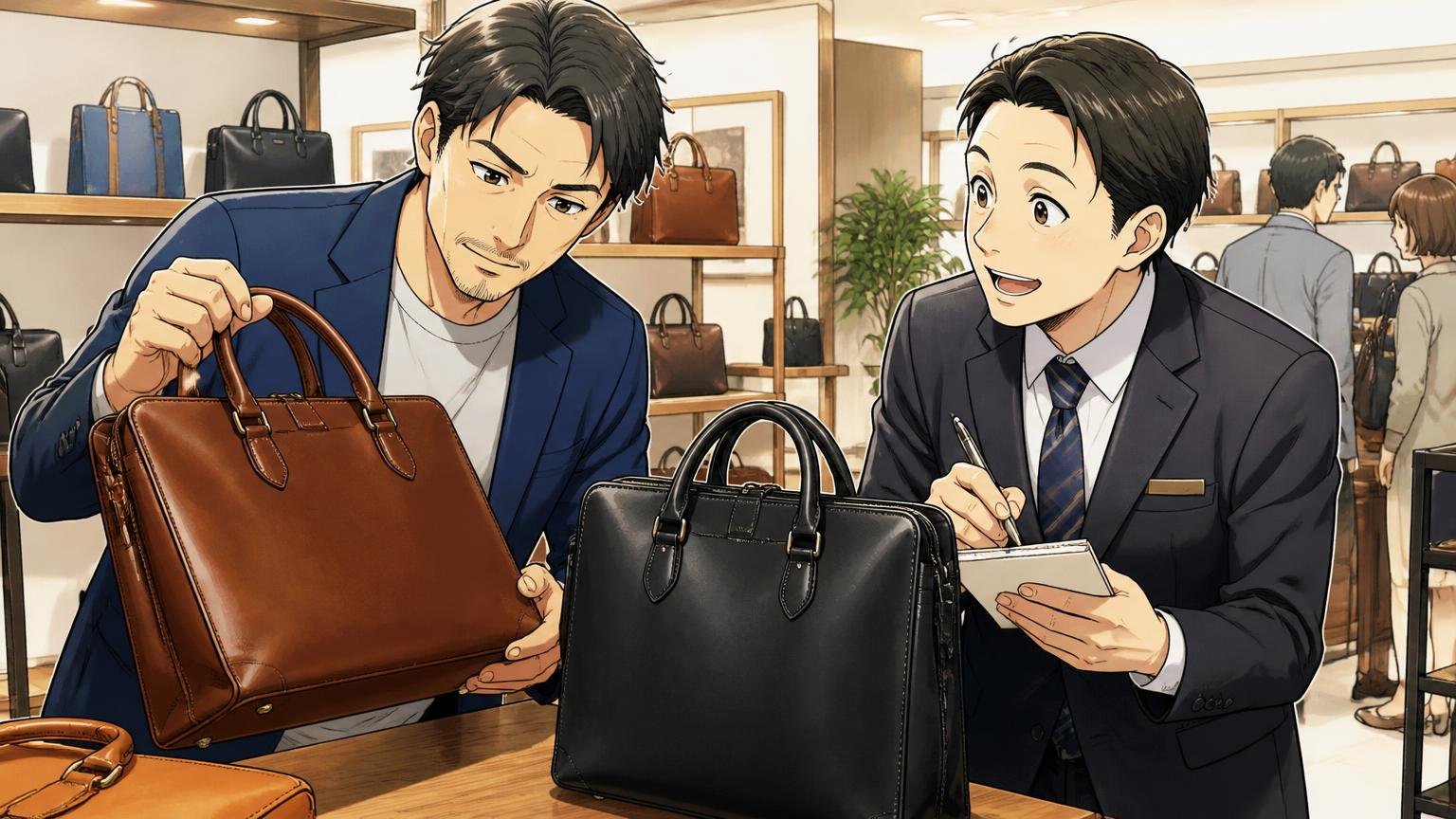 後悔しないための選び方3ステップ ショールームで店員と革バッグを見比べる場面 40代男性と店員の2人 メモを取りながらうなずく