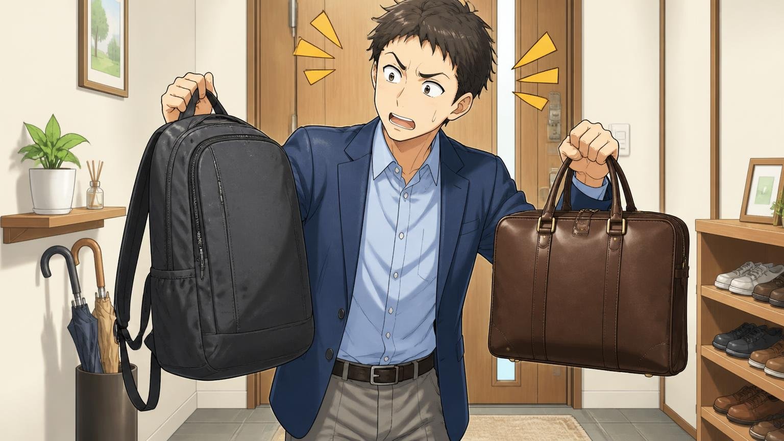 迷ったら「雨の日は機能派、商談の日は本革」の2本持ちという答えも 自宅の玄関で撥水リュックと革のバッグを持ち比べる男性1人