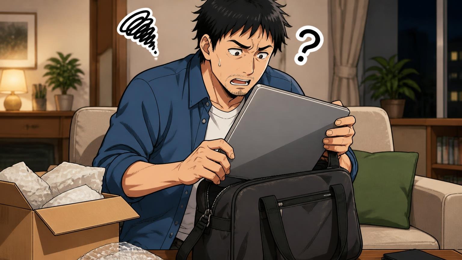 用途を決めずに選ぶと「重い」「PCが合わない」で後悔する 夜のリビングで届いたバッグにノートPCを入れ首をかしげる40代男性1人
