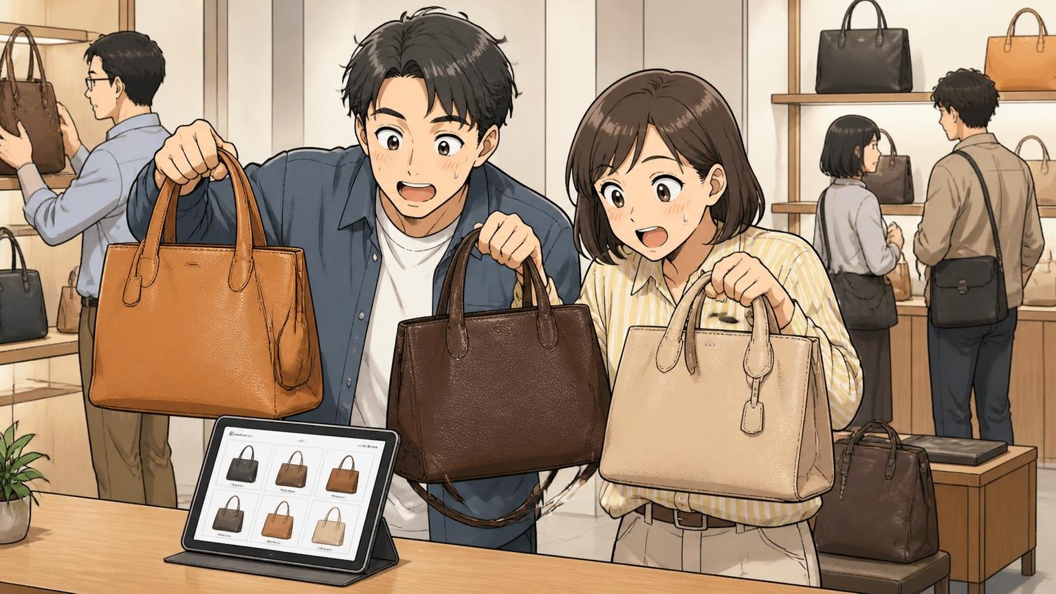 価格帯の近い日本製ブランドを、公式サイトとショールームで見比べる ショールームで3つの革バッグを手に取り重さを比べる夫婦2人