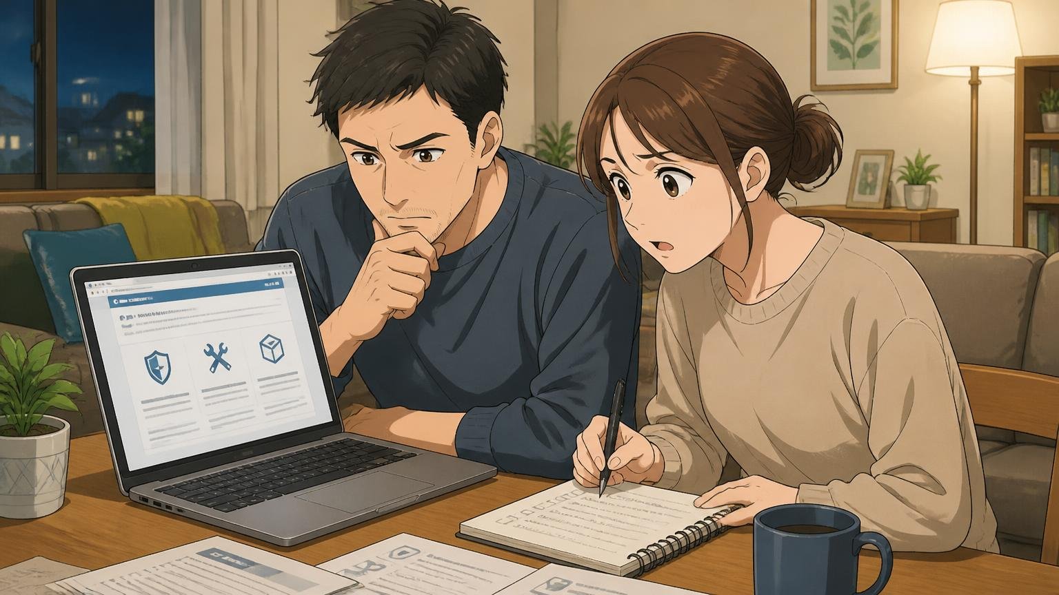修理・保証・返品の条件を、買う前に公式サイトで確かめる 夜のリビングでノートPCを開き、ブランドの保証ページを読みながらメモを取る夫婦2人