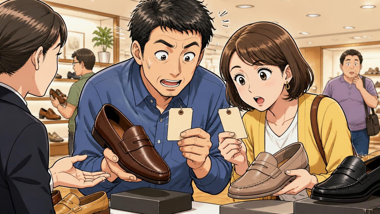 同じバリーでも素材が違う:本革と「皮革繊維再生複合材」 ショールームで店員と素材表示のタグを読み比べる夫婦