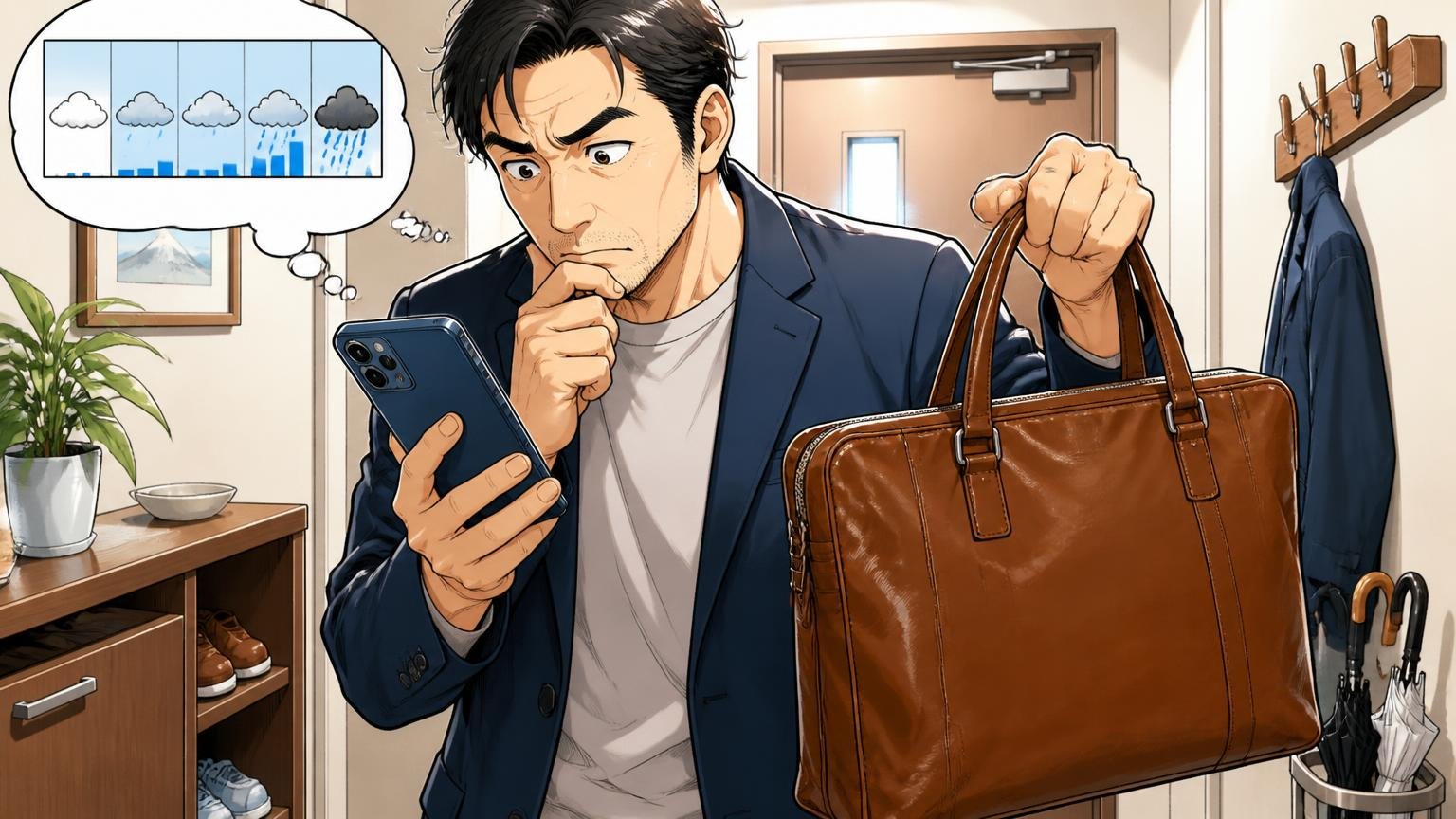 雨予報の日に、革のバッグで出かけるか迷ったときの判断基準、早朝の玄関で40代男性1人がスマホの天気予報と革のバッグを見比べて考え込む場面