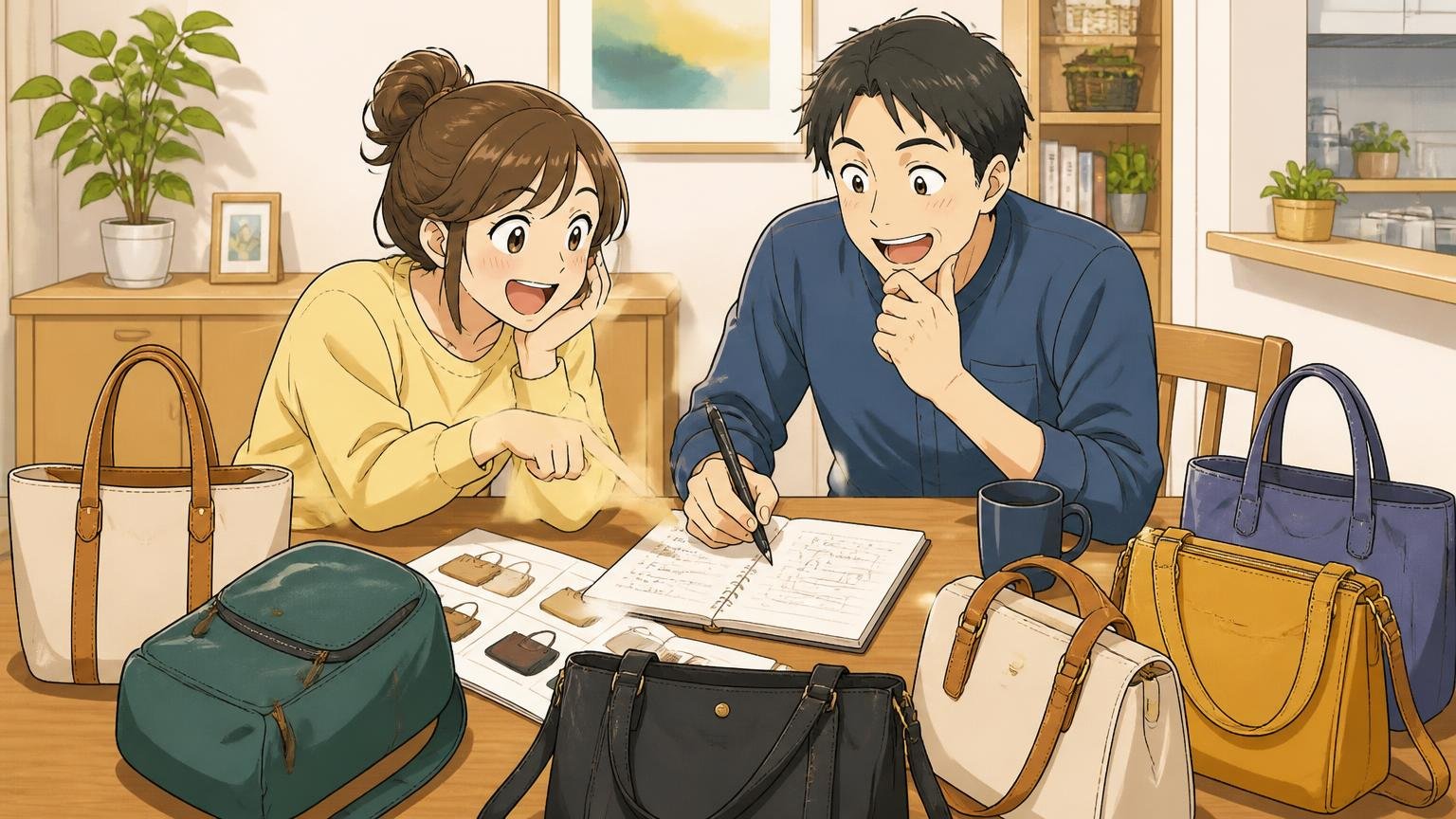 迷ったら「用途→服装→場面」の順に決める。自宅のダイニングテーブルでメモを書きながら夫婦2人がバッグ選びを相談する場面