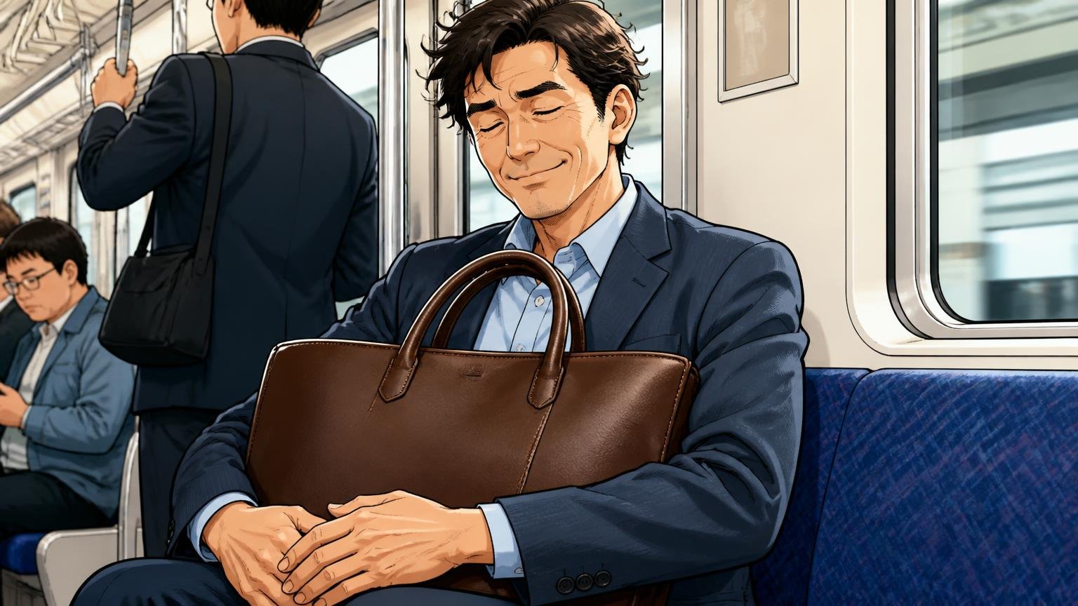 評判を調べ尽くして「ロゴより革と縫製」を選びたくなった40代へ 通勤電車の座席で無地の革バッグを膝に置き満足げな40代男性1人