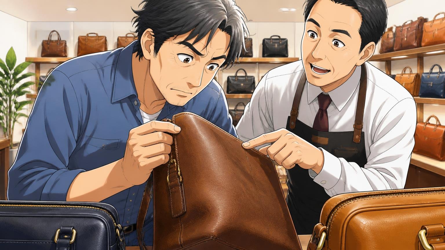 修理対応と保証を比べて実物を確かめる、革バッグのショールームで店員と一緒にバッグの縫い目を確かめる40代男性