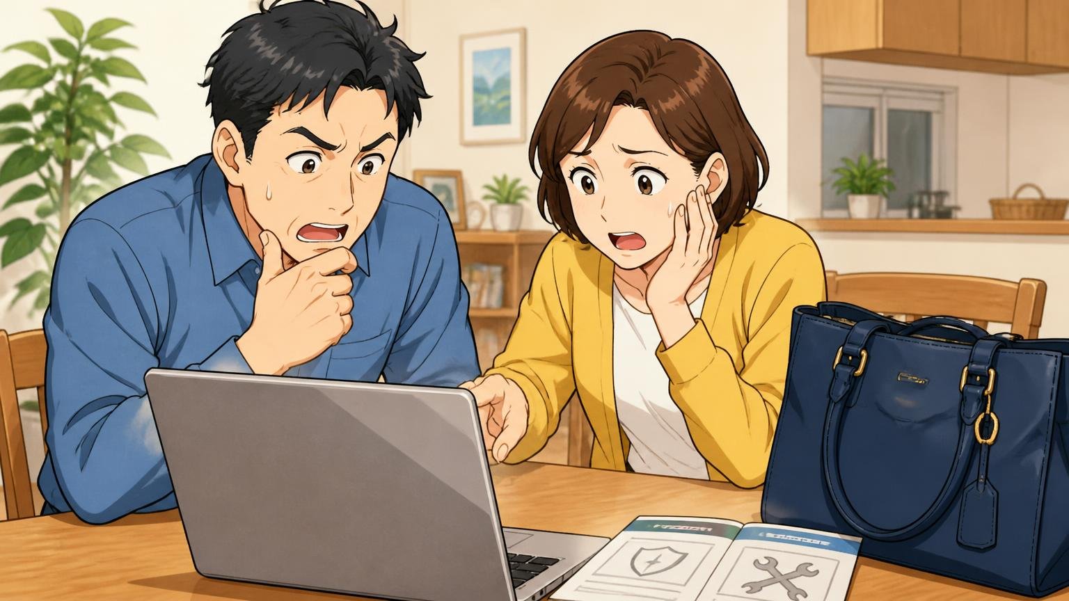 修理・保証・返品の条件を買う前に確認する 自宅のダイニングでノートパソコンを開きバッグの保証条件を夫婦で確かめる40代夫婦2人