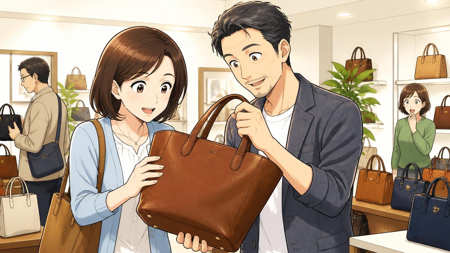 ショールームなど実物を確かめる手段があるか明るいショールームで革のバッグを手に取り重さを確かめる40代夫婦の2人の場面