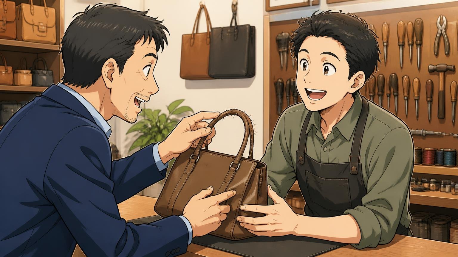 修理・保証｜壊れたら「直せる」かどうか 革製品の修理カウンターで持ち手のほつれたバッグを預ける場面 40代男性1人と修理担当1人が笑顔