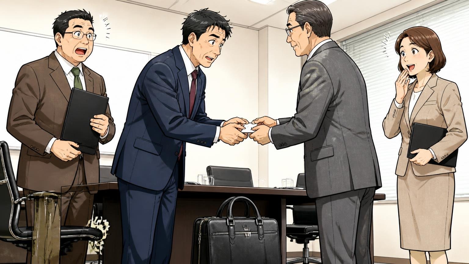 商談や役職者との同席で、バッグにも「格」を求められる人会議室で取引先と名刺交換する40代男性を含む4人と足元のバッグの場面