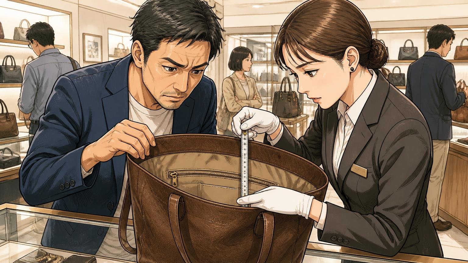 後悔しないための購入前チェック5つ 百貨店の鞄売り場で店員と革トートの中を確かめる場面 40代男性1人と店員1人がメジャーを当てて真剣に確認する
