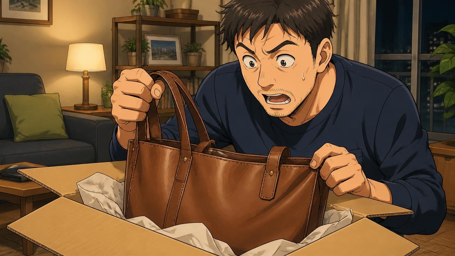 返品条件と修理の窓口は購入先ごとに確認する、夜のリビングで届いた箱を開けて革トートを点検する40代男性