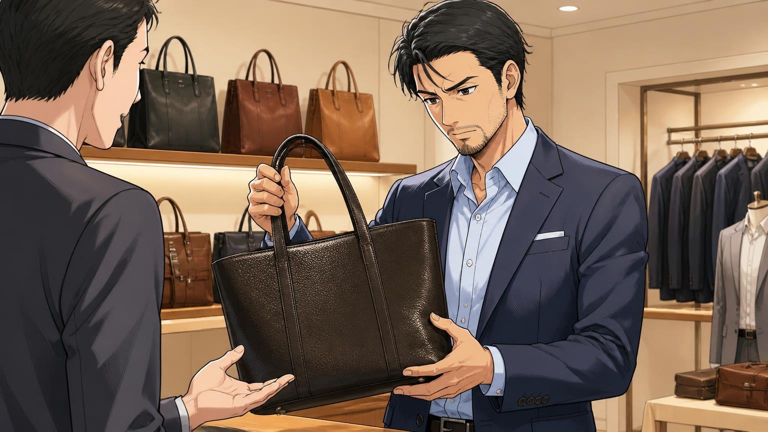 ロゴを主張せず、スーツに馴染むデザインかを確かめる ショールームで店員と革トートを手に取り質感を確かめる40代男性1人の場面