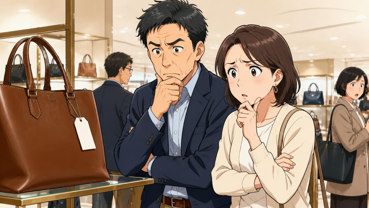 3万円台〜5万円台の価格は高い？安い？　百貨店の売り場で革のトートの値札を見て腕を組んで悩む40代男性と妻の2人