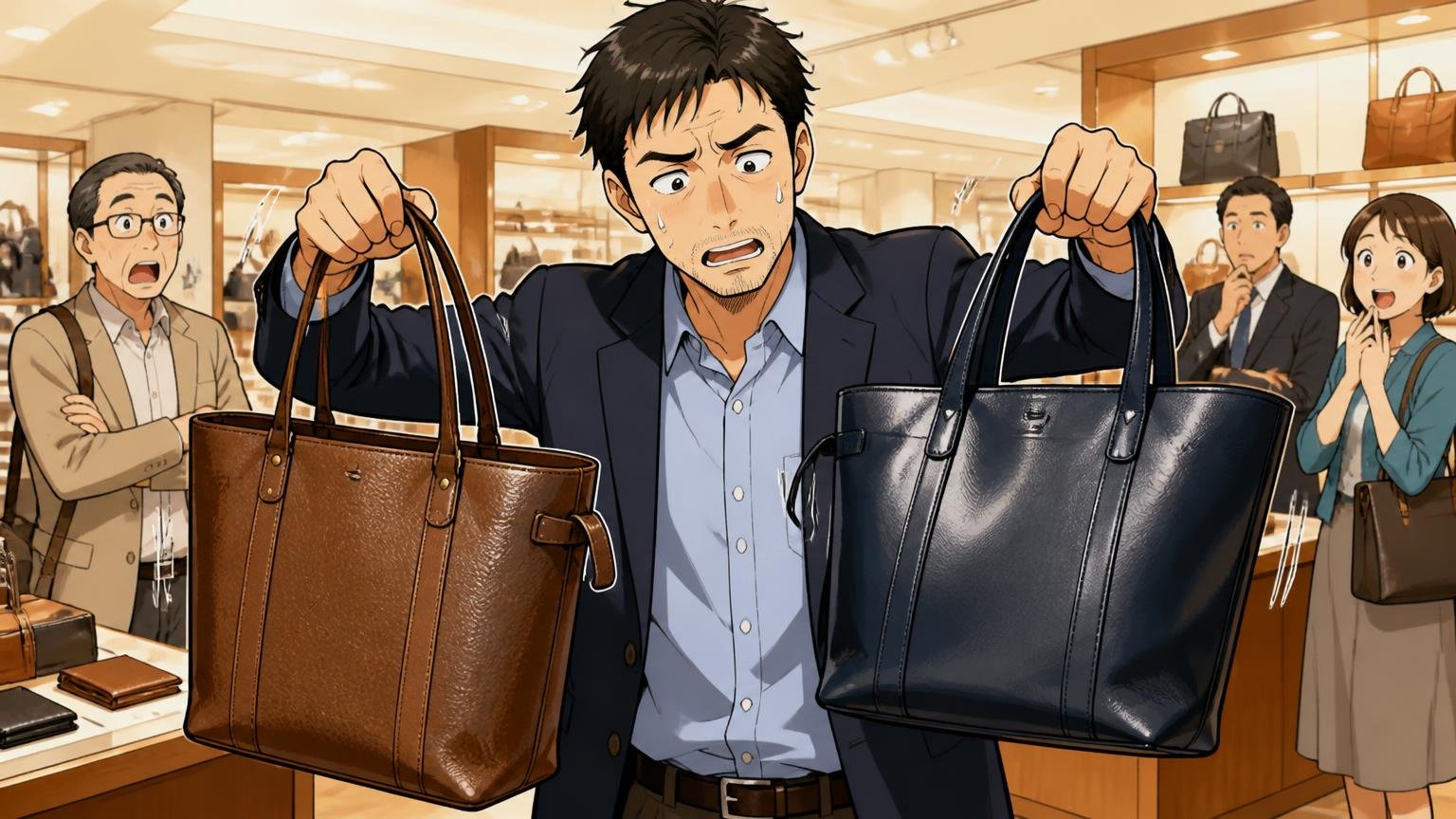 本革モデル（バングラデシュ製）との違い 百貨店の鞄売り場で40代男性が2つのトートを両手に持ち重さを比べる場面