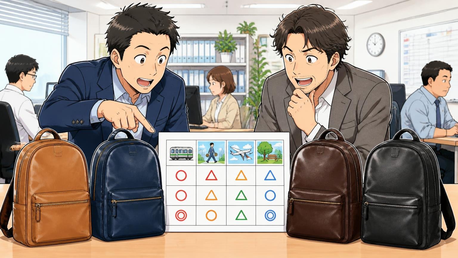 用途別（電車通勤・徒歩通勤・出張・休日）の相性早見表 オフィスのデスクで革リュックを比べる40代男性2人が相談する場面