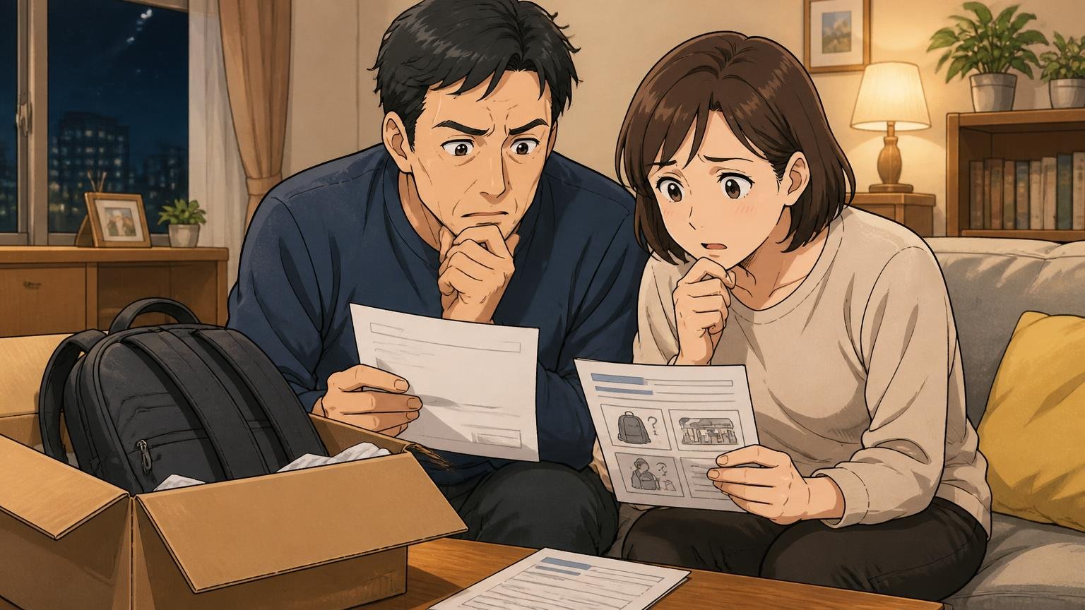 返品は「未使用・到着5日以内」、修理は購入先に確認、夜のリビングで届いたリュックの箱と書類を確かめる40代夫婦の2人が相談する場面
