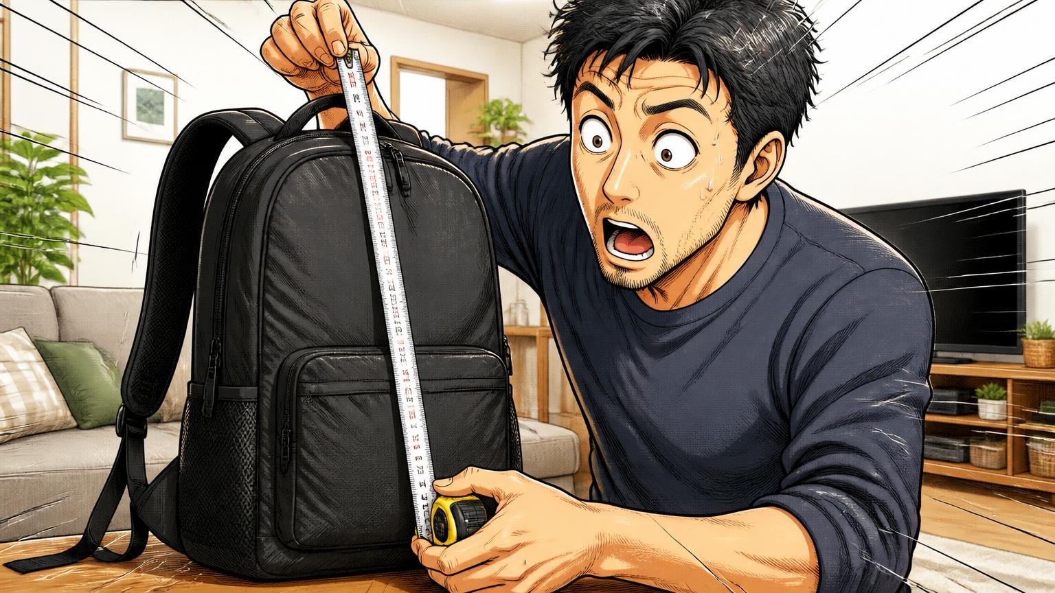 サイズと重さは必ず公式の数字で確かめる、自宅のリビングで40代男性1人がメジャーでリュックを測り数字に驚く場面