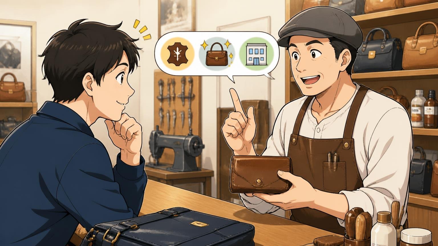 形を保つ力と、修理の相談先を購入前に確認する、革製品の修理カウンターで店員の説明にうなずく男性の場面