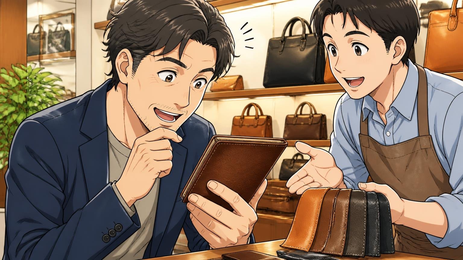 迷ったら直営店で実物を｜公式通販は「イメージと違う」での返品ができない 直営店で店員と革の質感を確かめる40代男性が納得する場面