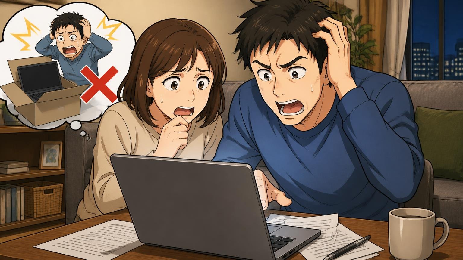 修理の受付や期間と返品の条件を確かめずに選ぶ失敗、夜のリビングでノートパソコンの返品条件のページを夫婦で読み込む2人