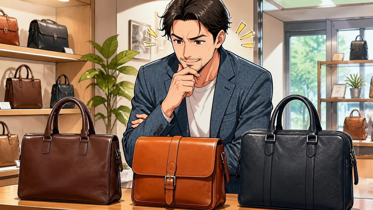 「ソメスサドルは少し違う」と感じた40代が次に比べたい、日本製の革バッグブランド3選 ショールームで40代男性が3つの革バッグを並べて見比べうなずく場面