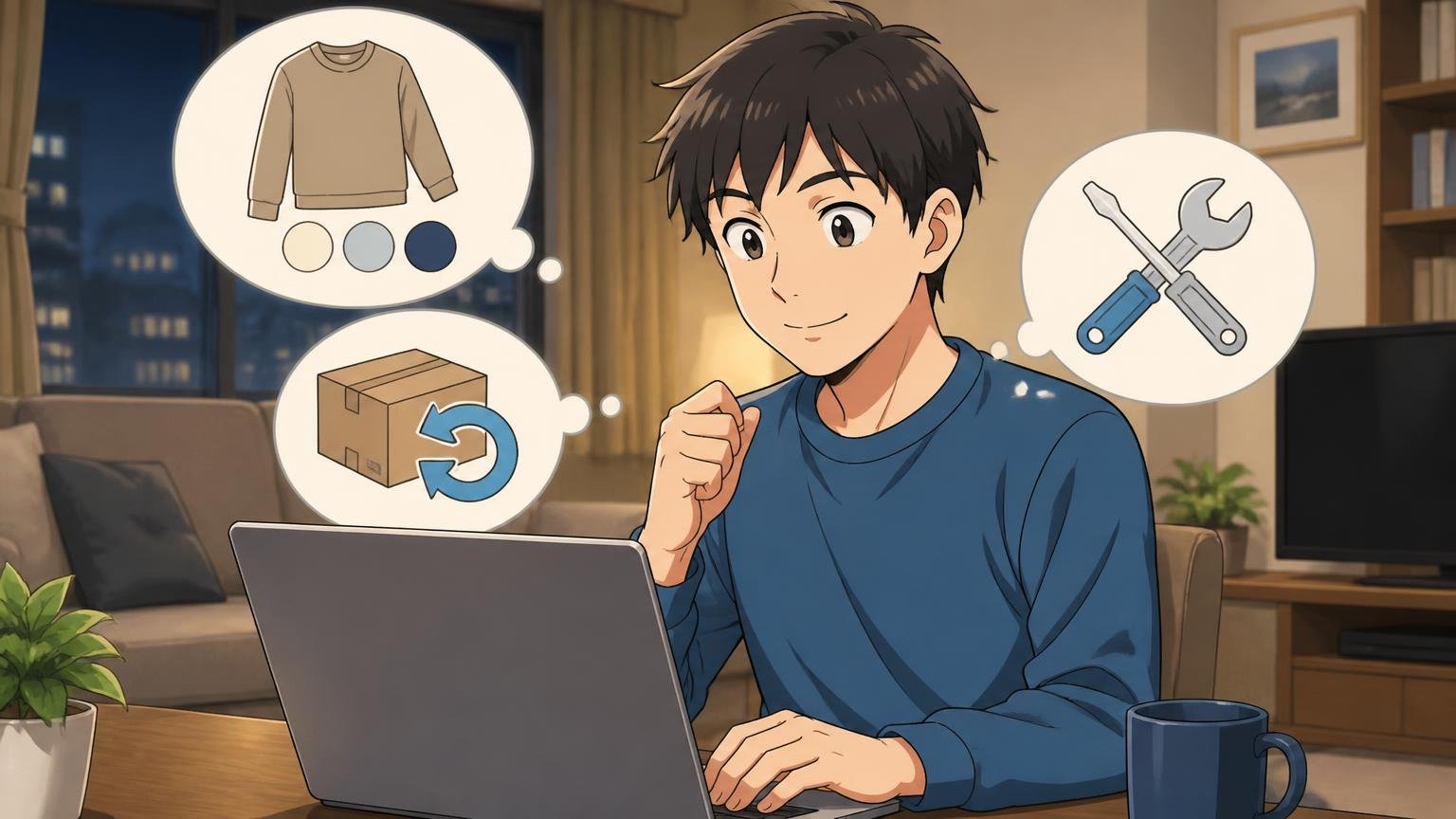 色味・返品条件・修理の窓口を先に確認しておく。夜のリビングで男性がノートPCで条件を確かめ頷く場面