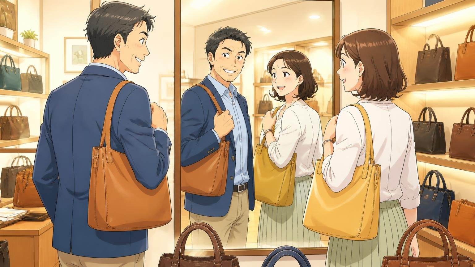 公式サイトとショールームで実物を見比べる 明るい革製品のショールームで、40代夫婦2人がバッグを肩に掛けて鏡に映し、笑顔でうなずき合う場面