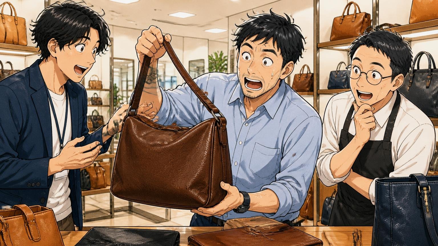実物を見られる店舗はアニアリ直営2店、土屋鞄は国内14店、革製品店でバッグの重さを確かめる男性と店員2人