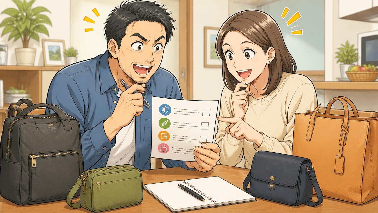 年齢より大事な4つの判断軸セルフチェック 自宅のダイニングで夫婦がメモを見ながらバッグ選びの条件を確かめる場面