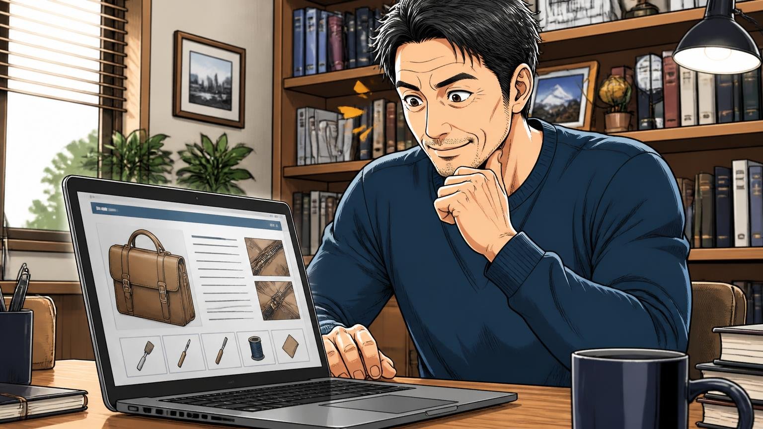 修理を受け付けてくれるかは「買う時」に決まる 自宅の書斎でパソコンで鞄ブランドの修理案内を調べる場面 40代男性1人が納得した表情