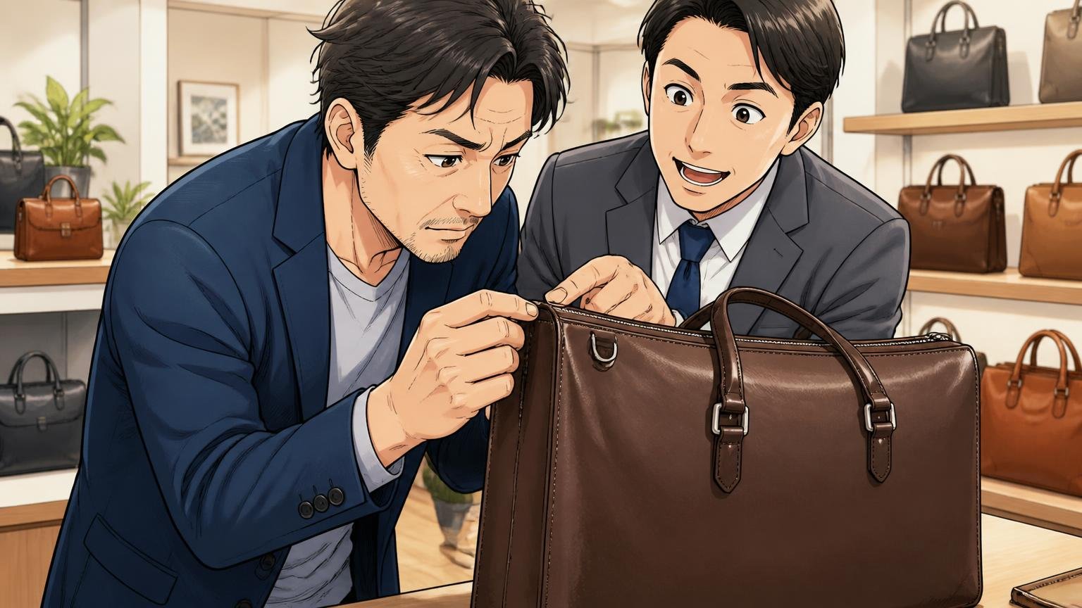 購入前に確かめたい4つのポイント、ショールームで店員と一緒に革のビジネスバッグの縫い目を確かめる40代男性の場面