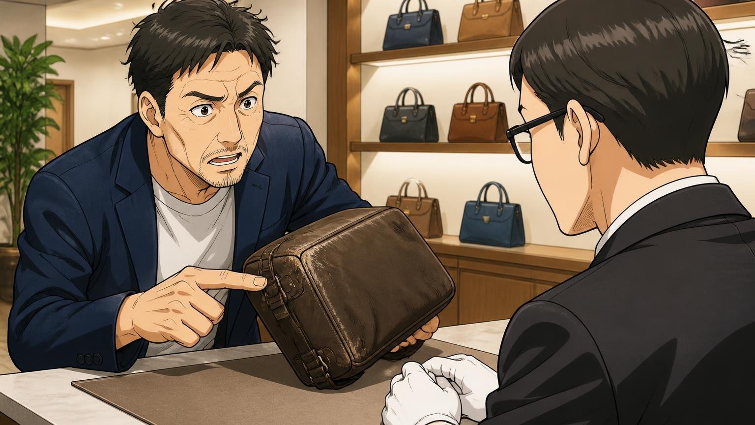 くたびれたら直すか買い替える（公式リペアの目安） 修理受付カウンターで40代男性1人が店員1人に擦れたバッグの角を見せ相談する真剣な表情