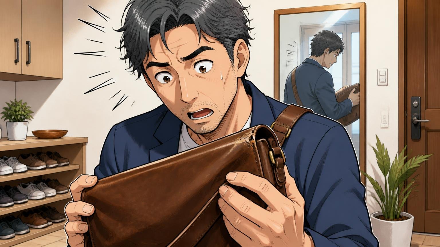 40代が使い続けるなら気をつけたい3つのこと 玄関の姿見の前で使い込んだバッグの角のすり切れに気づく40代男性1人