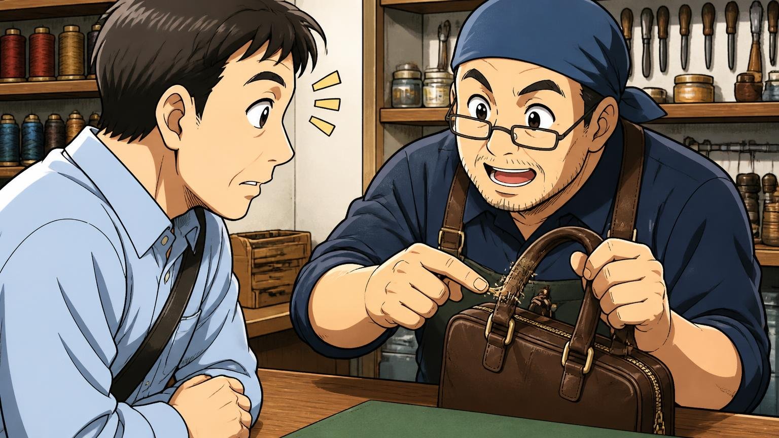 修理・保証：誰が、どこで、どれくらいで直してくれるか 修理工房のカウンターで職人が持ち手のほつれを説明し40代男性がうなずく場面