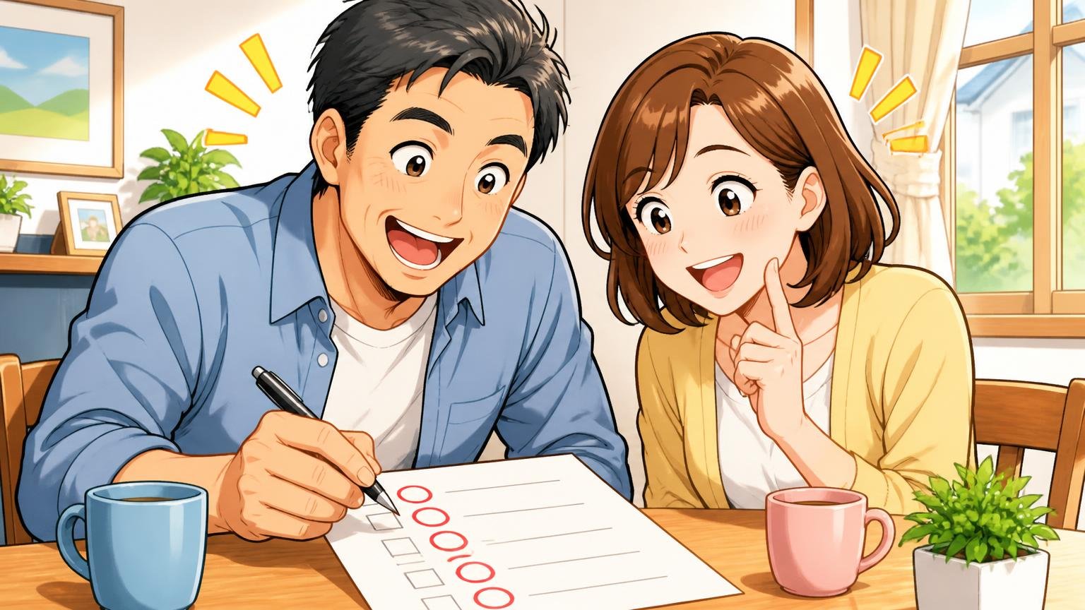 迷ったら答えてほしい5つのセルフチェック。明るいダイニングでチェックリストに丸をつけ、ひらめいた表情の40代男性と妻の2人
