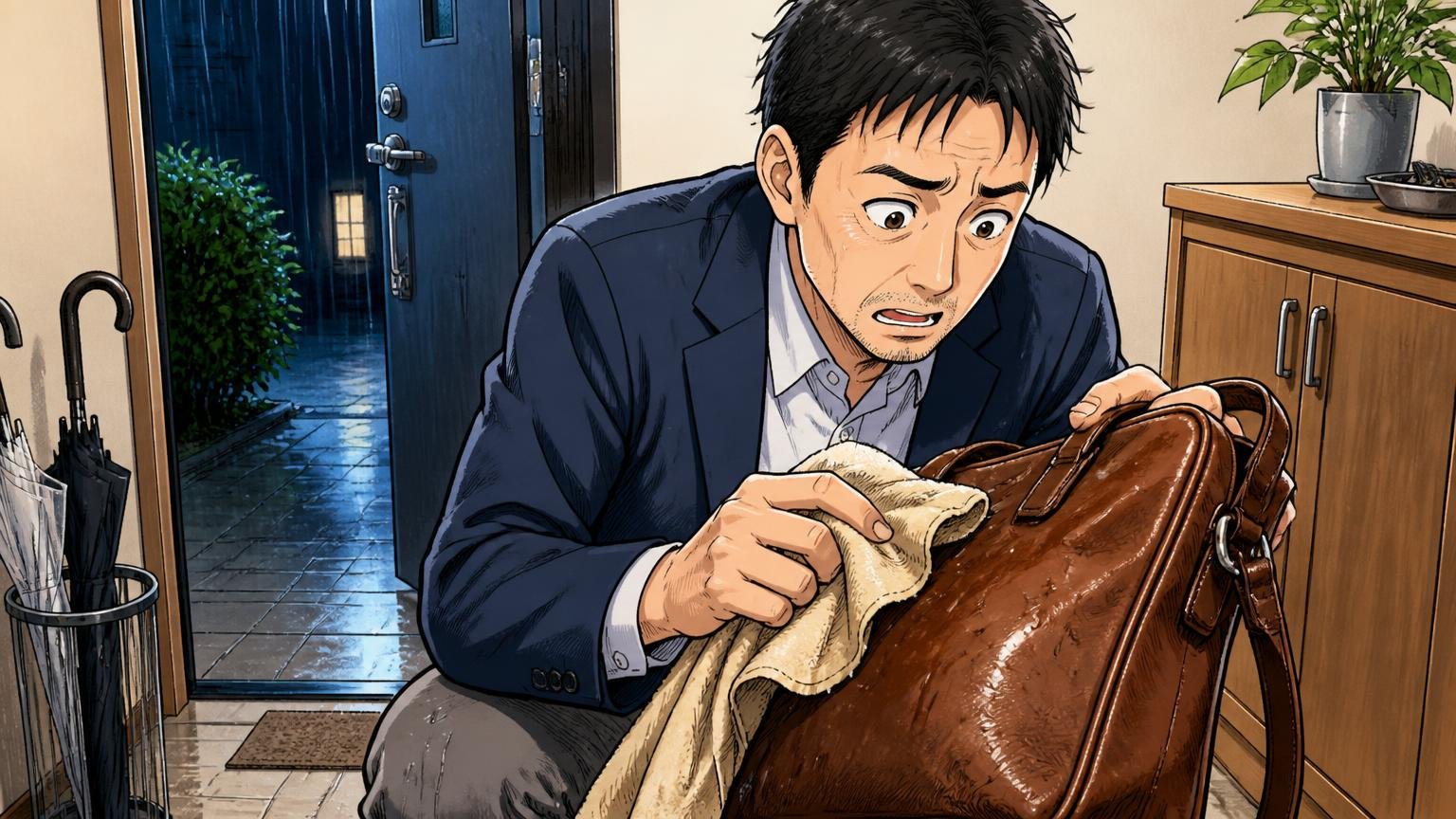 STEP3:雨と手入れの付き合い方を決めておく 雨の夜の玄関で濡れた革バッグを布で拭く場面、40代男性1人が慌てた表情を見せる