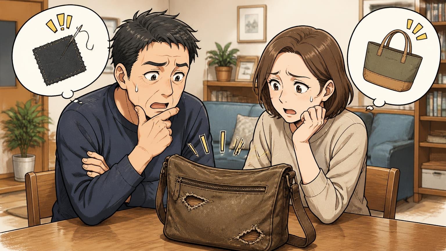 対策③ くたびれた1本は「直す」か「役割を変える」|自宅のテーブルで傷んだバッグを前に相談する場面、40代夫婦2人が悩む