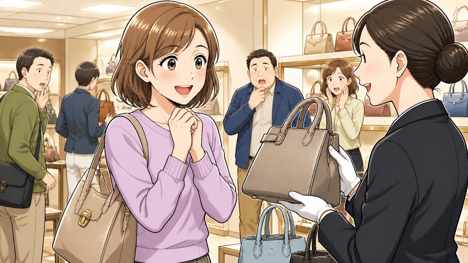 家族が贈るときに確かめたい3つのこと、百貨店の鞄売り場でバッグを選ぶ場面、30代女性1人が店員に笑顔で相談する