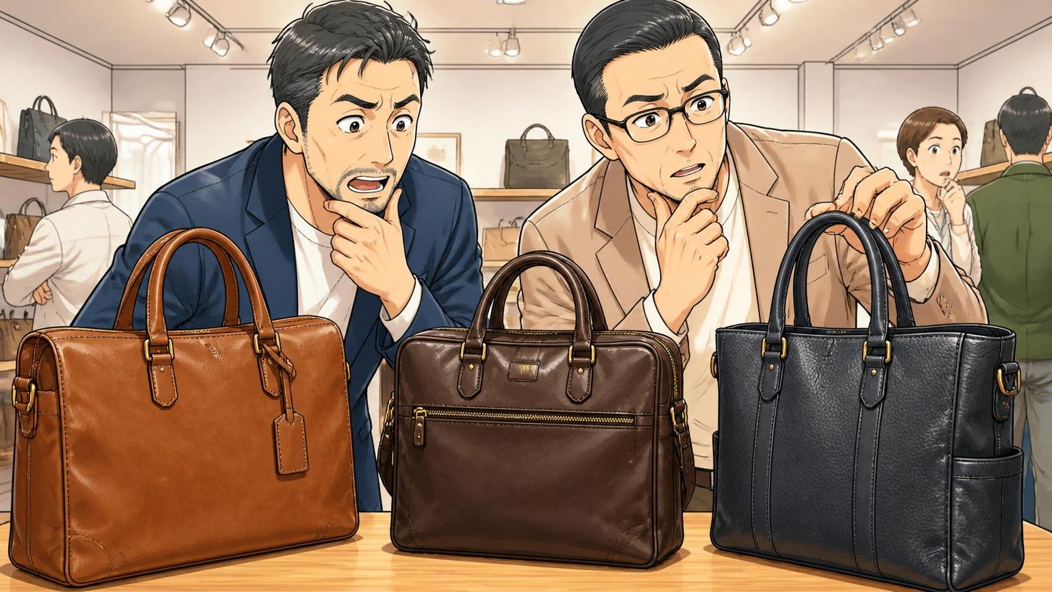 向いていないと感じた40代が比べたい日本製の革バッグブランド3選。ショールームで3つの革バッグを並べて見比べる男性2人の場面