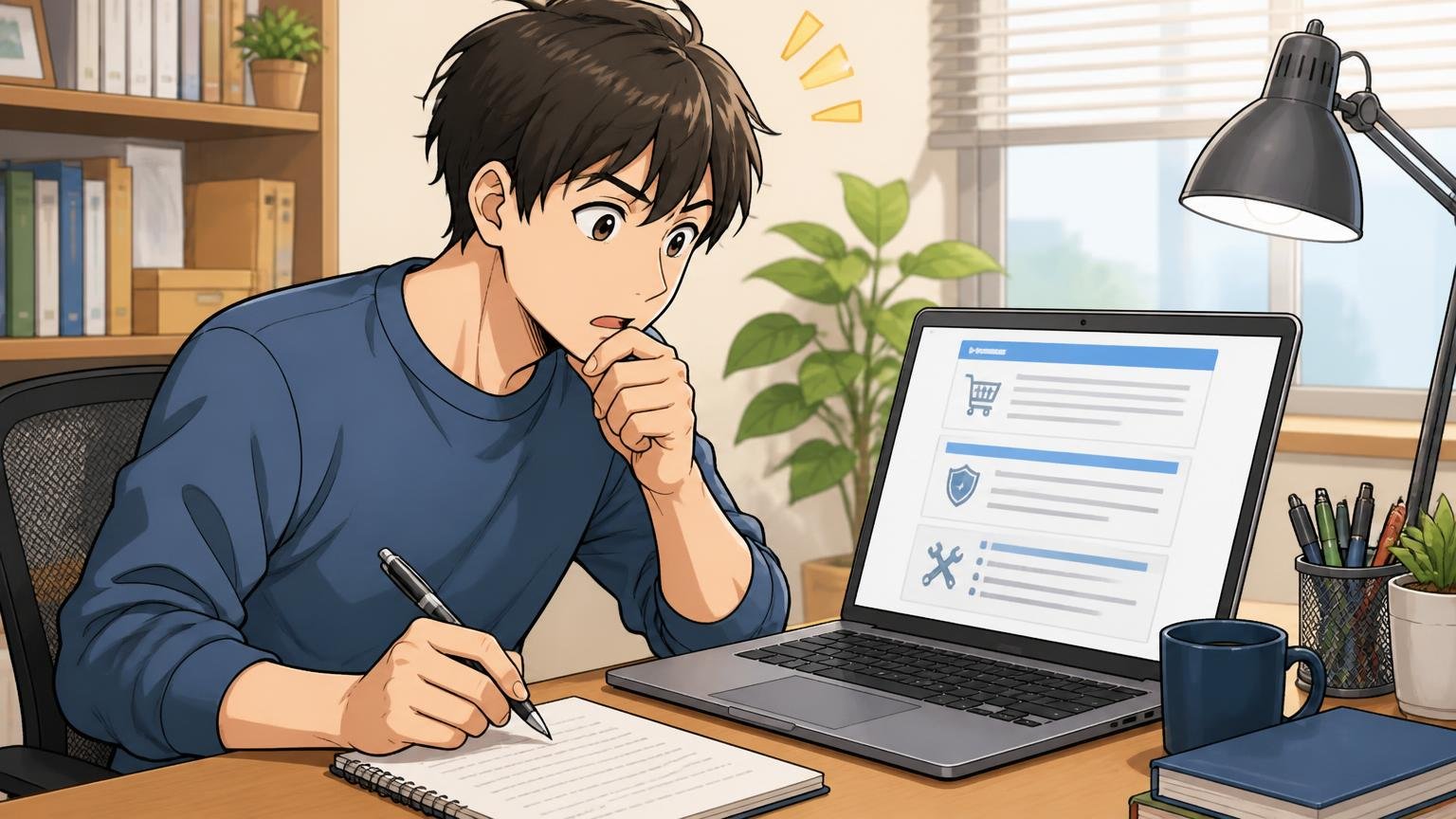 購入場所と、保証・修理の相談先を確認する、自宅の書斎でノートPCの保証ページを読みながらメモを取る男性1人の場面