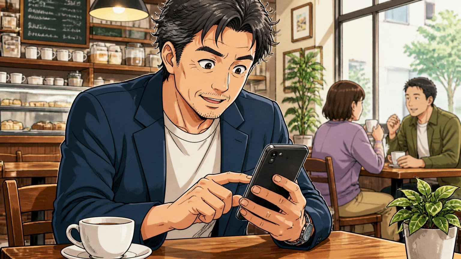 在庫と購入先は、公式の店舗情報で確かめる カフェの席でスマホを使い、正規販売店の一覧を確認する40代男性1人