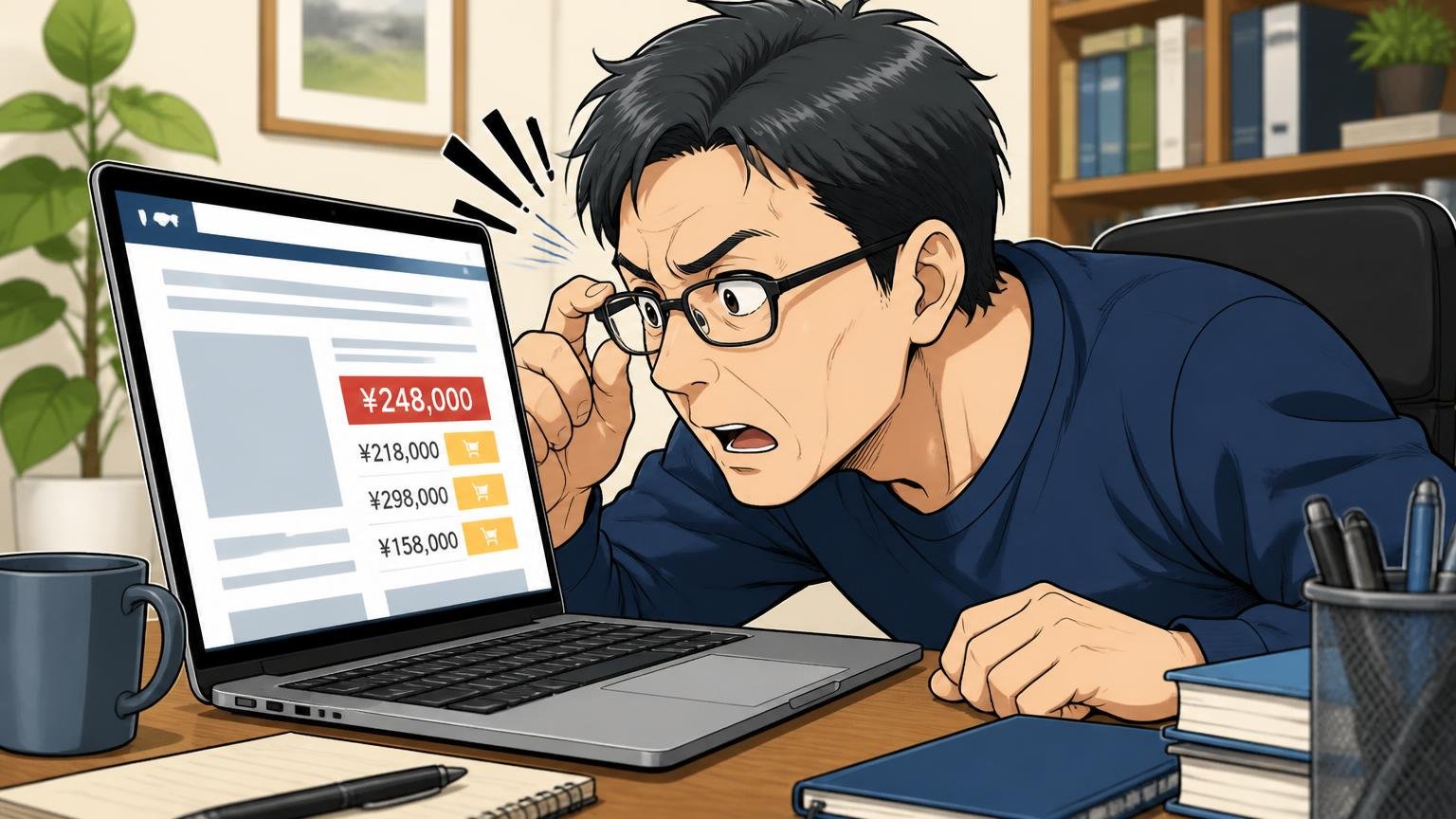価格は改定されることがある 自宅の書斎でパソコンの公式サイトの価格表示を確認する場面 40代男性1人がメガネを押し上げて画面に顔を近づける