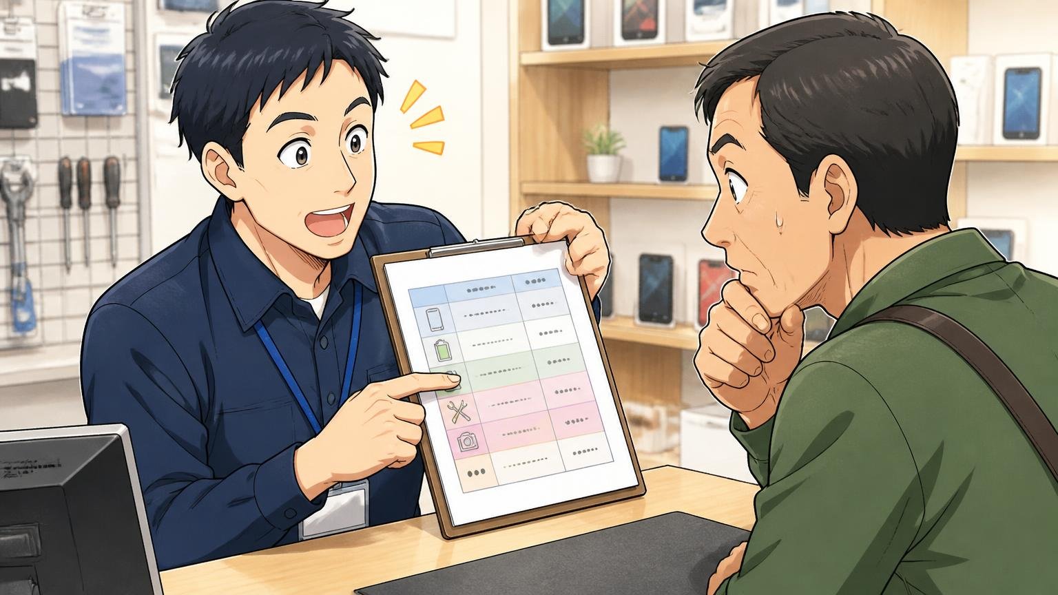 保証は購入6か月まで、その後も有償で修理を受け付け|ショップのカウンターで店員が修理の料金表を40代男性に見せて説明する場面