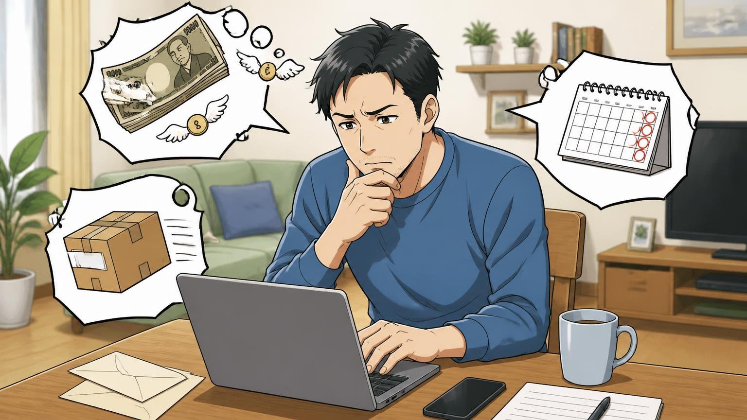 修理は有償・送料は自己負担、返品は到着後5営業日以内、自宅のリビングで、40代男性1人がノートPCで修理依頼のメールを書きながら考え込む場面