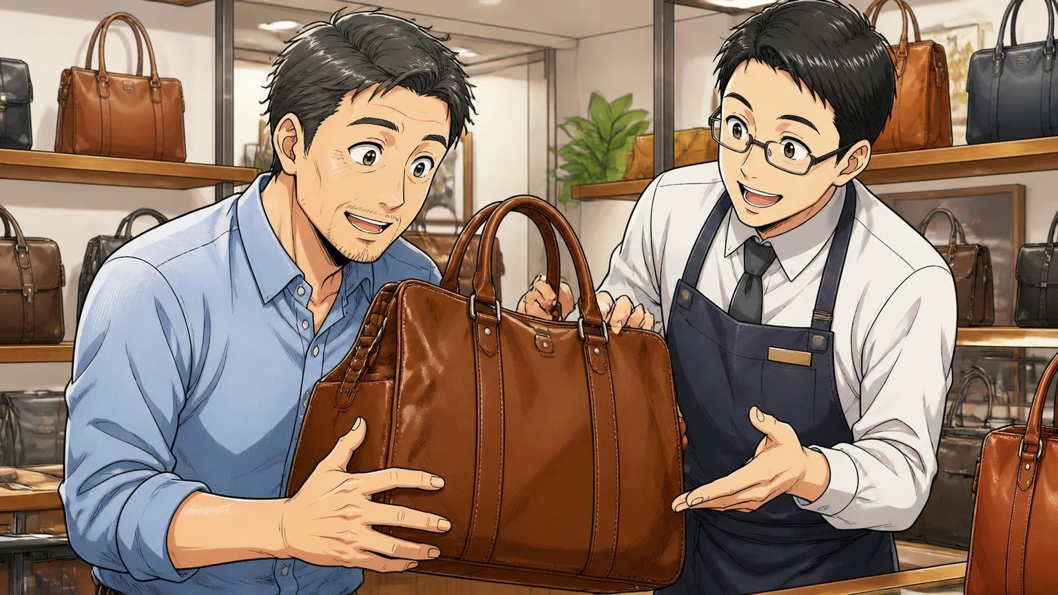 買う前に確認したい5つのポイント。ショールームで店員と一緒に革バッグの重さを手で確かめる40代男性と店員の2人の場面