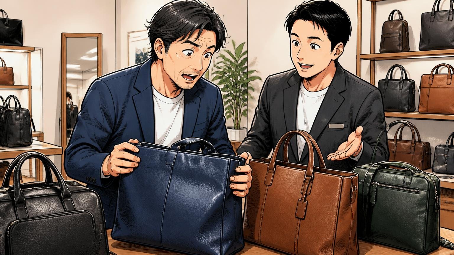 向いていないに当てはまった40代が次に見比べたい日本製の革バッグブランド3選。ショールームで複数の革バッグを見比べる40代男性1人と店員1人