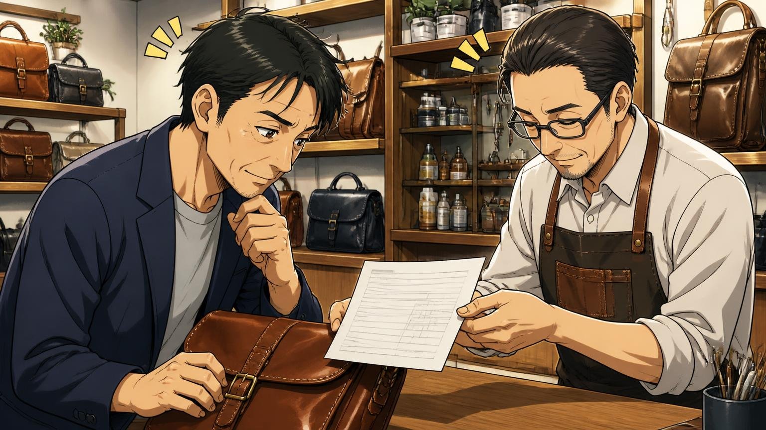 修理は受け付けているが、保証期間は設けていない 革鞄店のカウンターで修理の見積もりを受け取る場面 40代男性1人と店員1人が真剣にうなずく